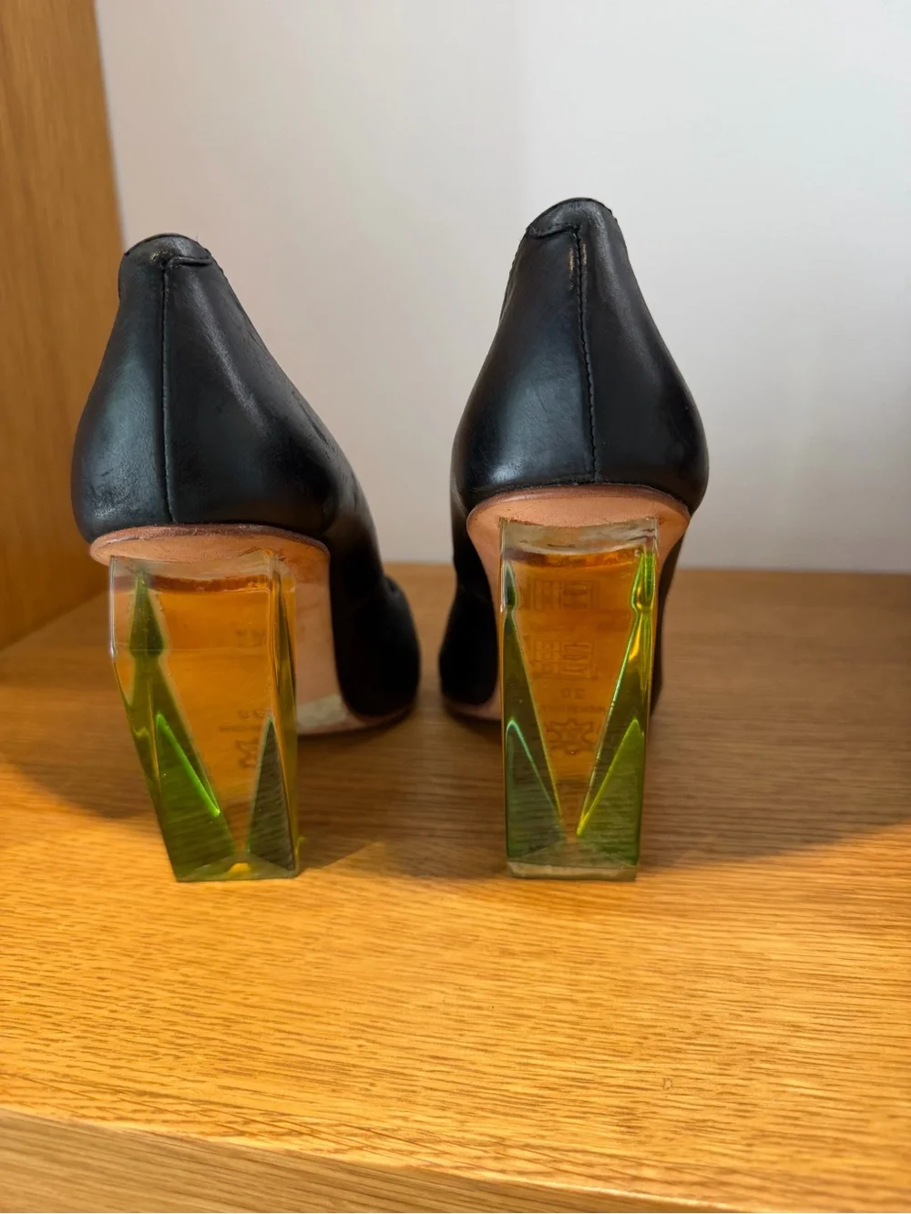 Black Pumps with Geometric Green Accent lucite Heels - Women's Shoes.